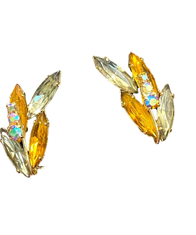 Vintage yellow crystal fancy leaf earrings clip on gold finish
