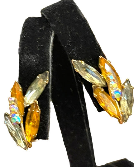 Vintage yellow crystal fancy leaf earrings clip on gold finish