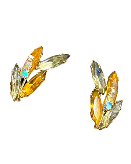 Vintage yellow crystal fancy leaf earrings clip on gold finish