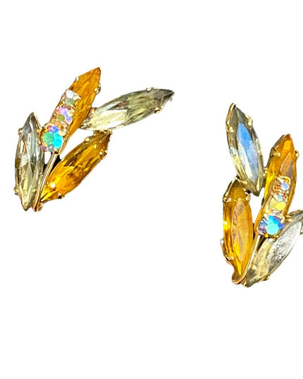 Vintage yellow crystal fancy leaf earrings clip on gold finish