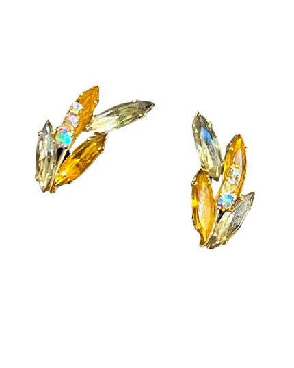 Vintage yellow crystal fancy leaf earrings clip on gold finish