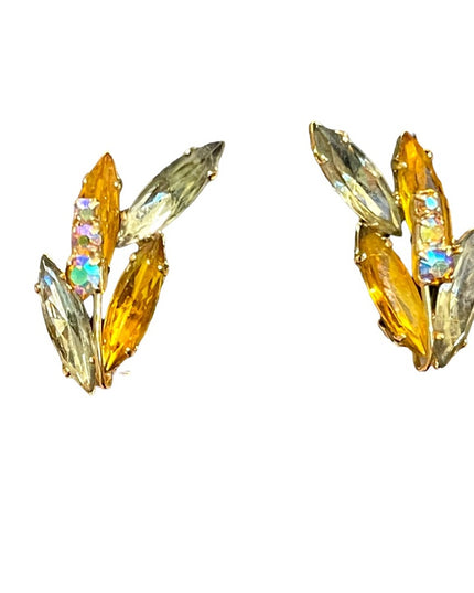 Vintage yellow crystal fancy leaf earrings clip on gold finish