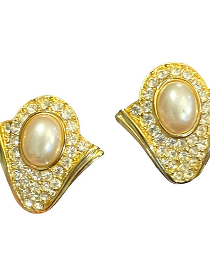 Vintage sparkle faux pearl crystal gold finish VENDOME clip on earrings