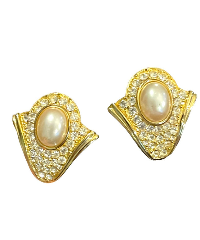 Vintage sparkle faux pearl crystal gold finish VENDOME clip on earrings