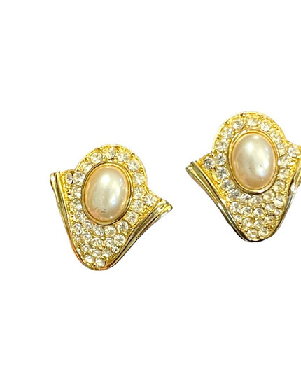 Vintage sparkle faux pearl crystal gold finish VENDOME clip on earrings