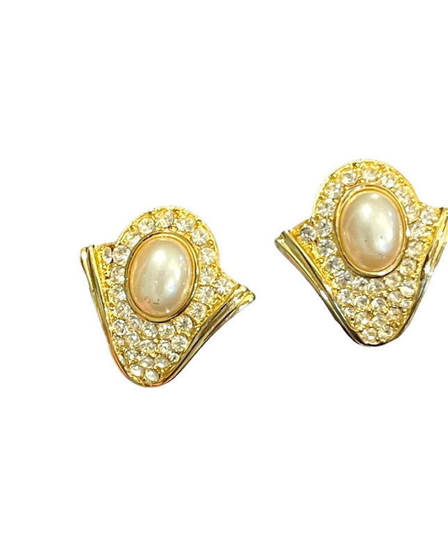 Vintage sparkle faux pearl crystal gold finish VENDOME clip on earrings