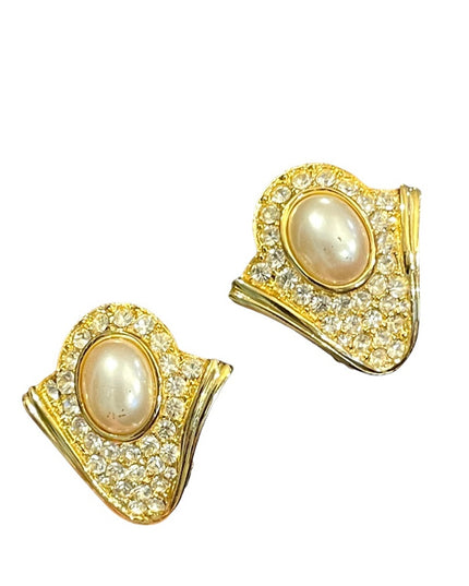Vintage sparkle faux pearl crystal gold finish VENDOME clip on earrings