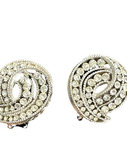 Vintage 1960s silver finish TRIFARI crystal spiral clip on earrings