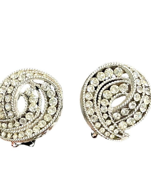 Vintage 1960s silver finish TRIFARI crystal spiral clip on earrings