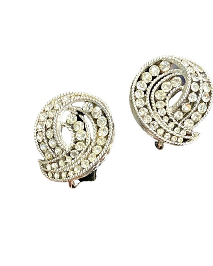 Vintage 1960s silver finish TRIFARI crystal spiral clip on earrings