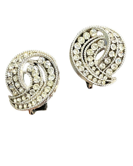 Vintage 1960s silver finish TRIFARI crystal spiral clip on earrings