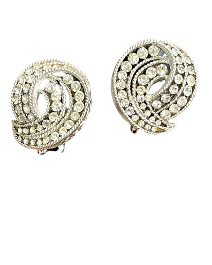 Vintage 1960s silver finish TRIFARI crystal spiral clip on earrings