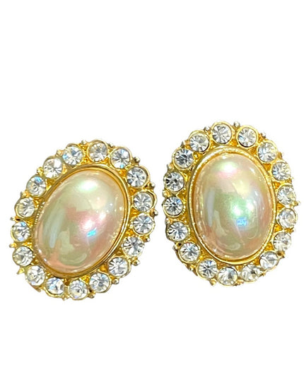Vintage 1960s gold finish chunky faux pearl & crystal clip on earrings