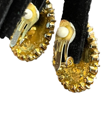 Vintage 1960s gold finish chunky faux pearl & crystal clip on earrings