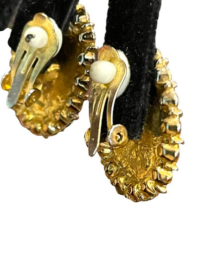 Vintage 1960s gold finish chunky faux pearl & crystal clip on earrings