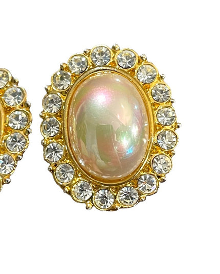 Vintage 1960s gold finish chunky faux pearl & crystal clip on earrings