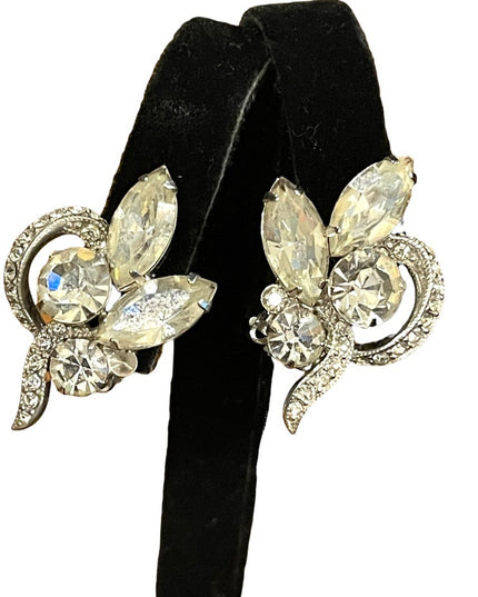 Vintage 1960s Eisenberg Ice Clear crystal fancy leaf clip on earrings