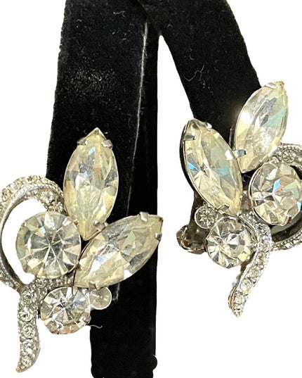 Vintage 1960s Eisenberg Ice Clear crystal fancy leaf clip on earrings