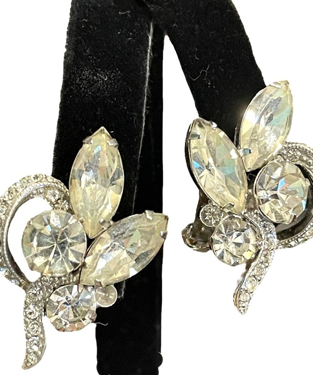 Vintage 1960s Eisenberg Ice Clear crystal fancy leaf clip on earrings