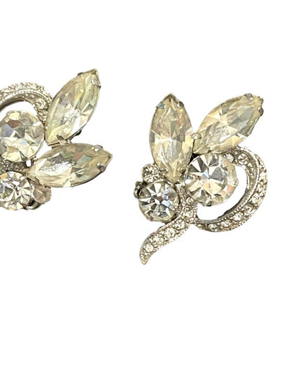 Vintage 1960s Eisenberg Ice Clear crystal fancy leaf clip on earrings