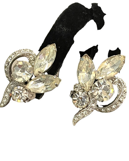 Vintage 1960s Eisenberg Ice Clear crystal fancy leaf clip on earrings