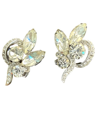 Vintage 1960s Eisenberg Ice Clear crystal fancy leaf clip on earrings