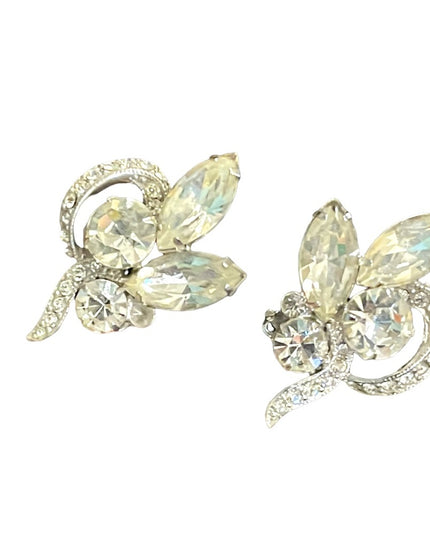 Vintage 1960s Eisenberg Ice Clear crystal fancy leaf clip on earrings