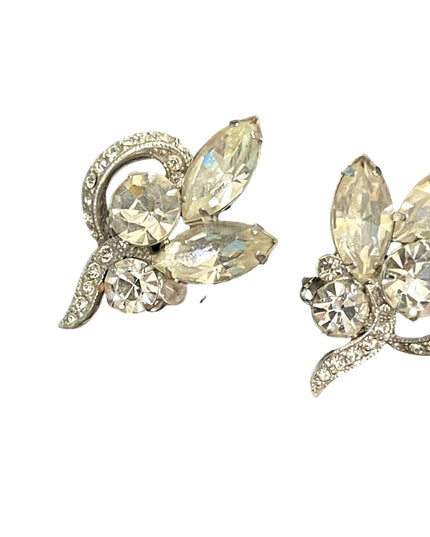 Vintage 1960s Eisenberg Ice Clear crystal fancy leaf clip on earrings