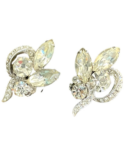 Vintage 1960s Eisenberg Ice Clear crystal fancy leaf clip on earrings