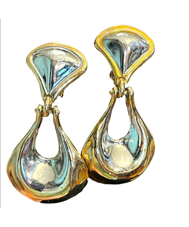 vintage 1980s fancy gold & silver finish heavy clip on earrings