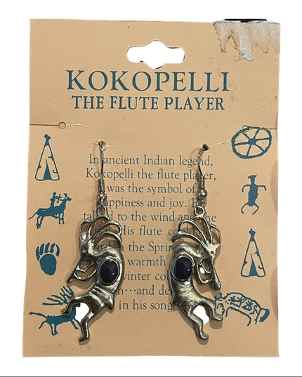 Vintage Silver finish KOKOPELLI Black onyx dangle earrings