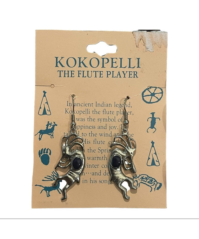 Vintage Silver finish KOKOPELLI Black onyx dangle earrings