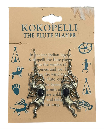 Vintage Silver finish KOKOPELLI Black onyx dangle earrings
