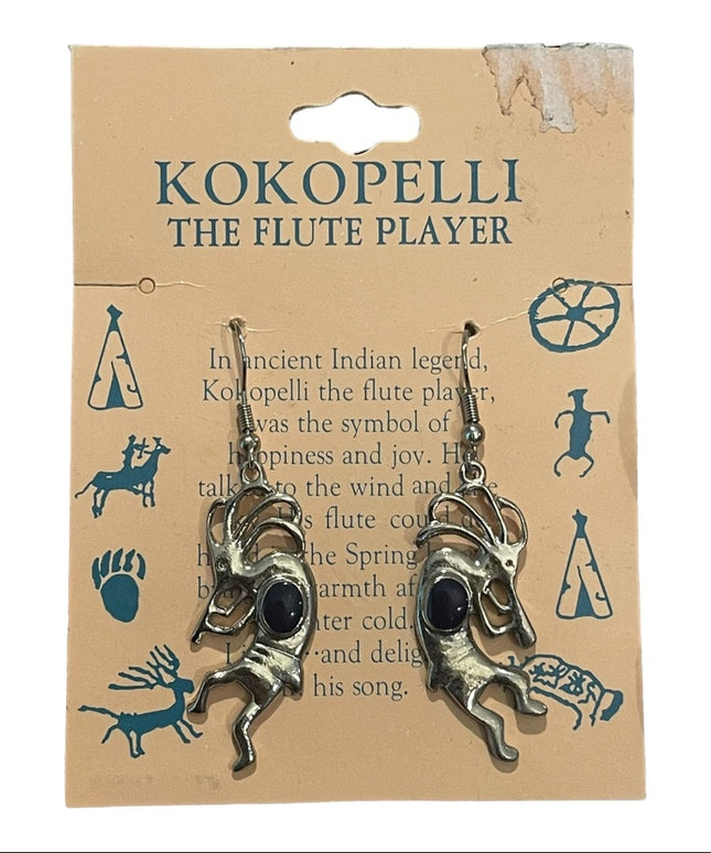 Vintage Silver finish KOKOPELLI Black onyx dangle earrings