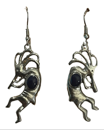 Vintage Silver finish KOKOPELLI Black onyx dangle earrings
