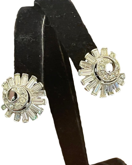 Vintage 1960s Silver finish clear crystal spiral clip on earrings