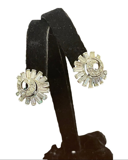 Vintage 1960s Silver finish clear crystal spiral clip on earrings