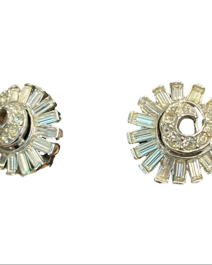 Vintage 1960s Silver finish clear crystal spiral clip on earrings
