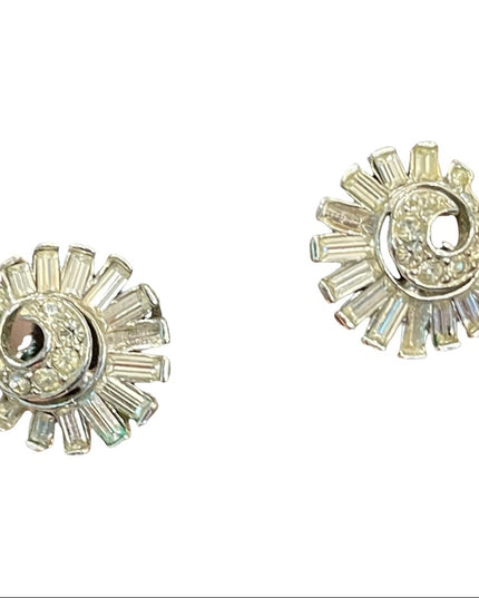 Vintage 1960s Silver finish clear crystal spiral clip on earrings