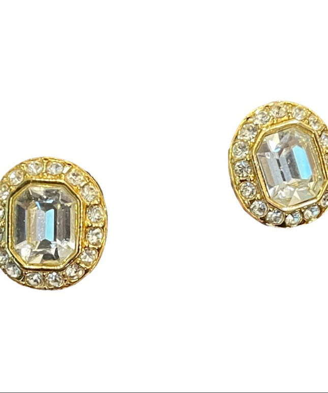Vintage 1980s Vendome Gold finish chunky crystal clip on earrings