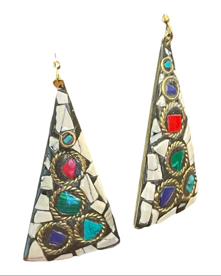 Vintage 1980s Tibetan mosaic stone triangle dangle earrings gold finish