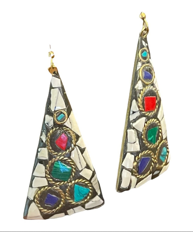 Vintage 1980s Tibetan mosaic stone triangle dangle earrings gold finish