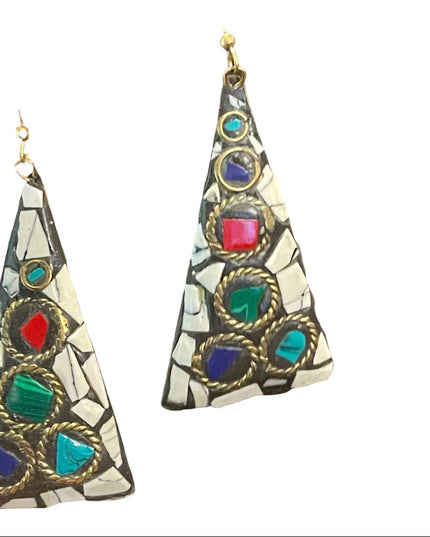 Vintage 1980s Tibetan mosaic stone triangle dangle earrings gold finish