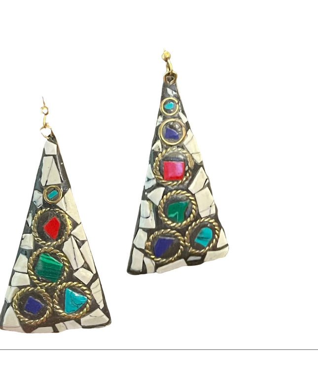 Vintage 1980s Tibetan mosaic stone triangle dangle earrings gold finish