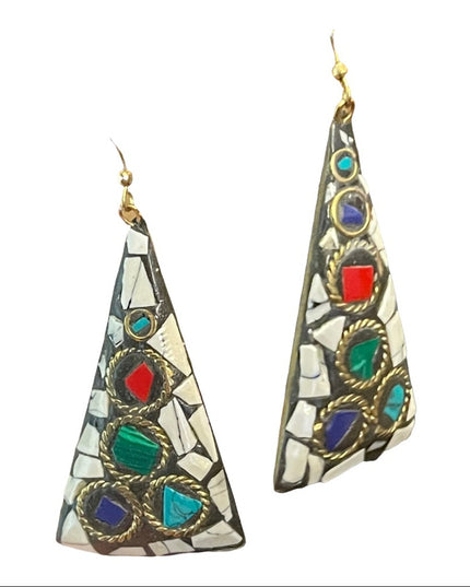 Vintage 1980s Tibetan mosaic stone triangle dangle earrings gold finish