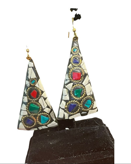 Vintage 1980s Tibetan mosaic stone triangle dangle earrings gold finish