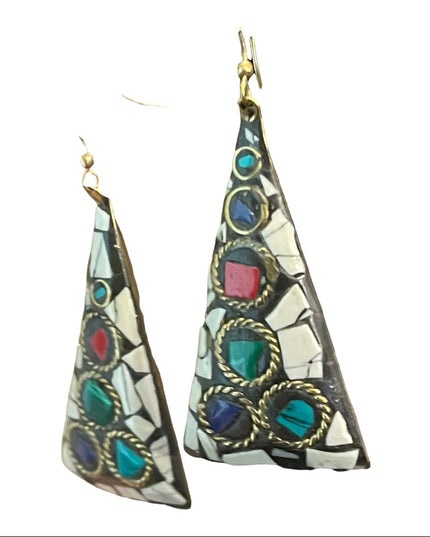 Vintage 1980s Tibetan mosaic stone triangle dangle earrings gold finish