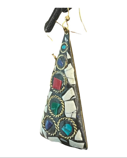 Vintage 1980s Tibetan mosaic stone triangle dangle earrings gold finish