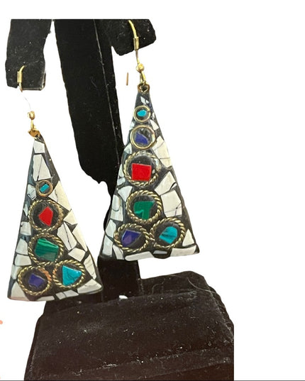 Vintage 1980s Tibetan mosaic stone triangle dangle earrings gold finish