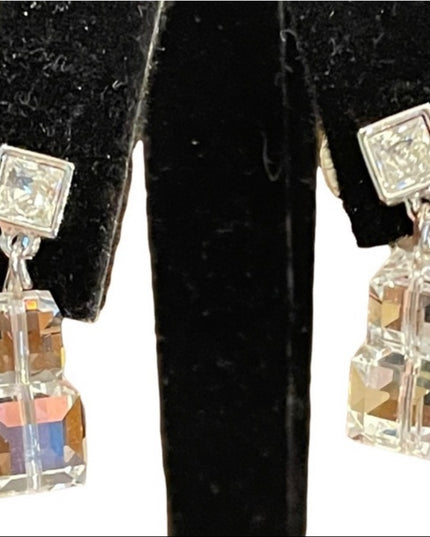 Stunning cubed Swarovski authentic silver finish dangle earrings clip on
